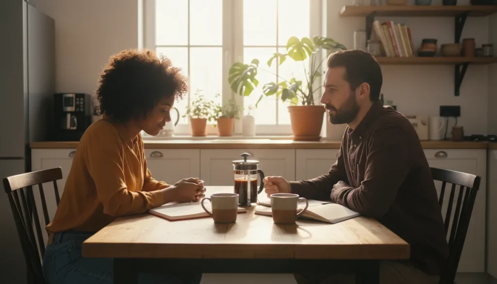 Couple discussing shared values at home
