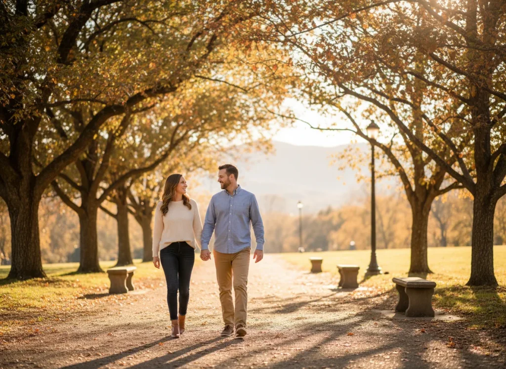 Couple walking together while discussing life goals