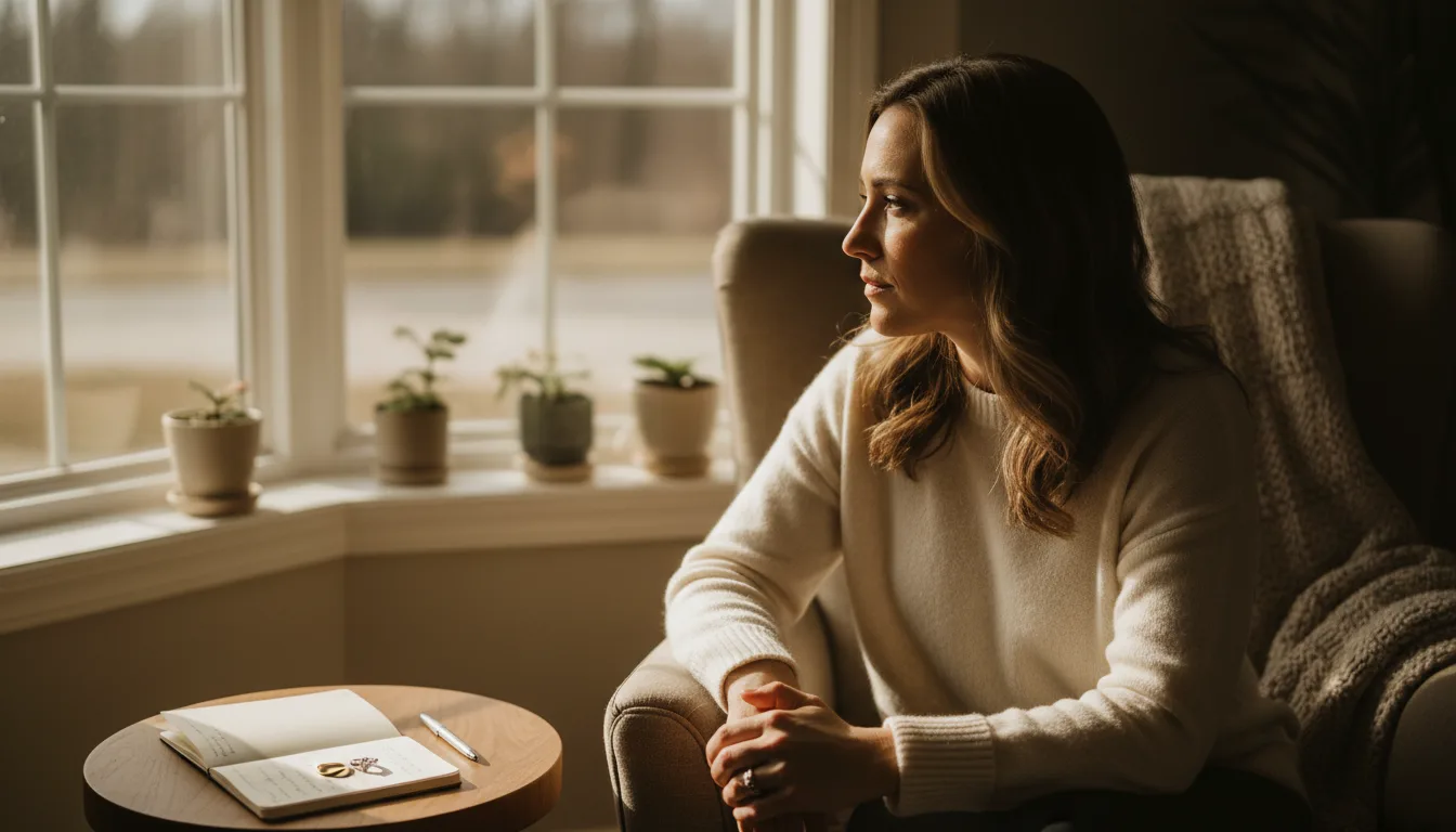Woman reflecting on a marriage decision beside an engagement ring